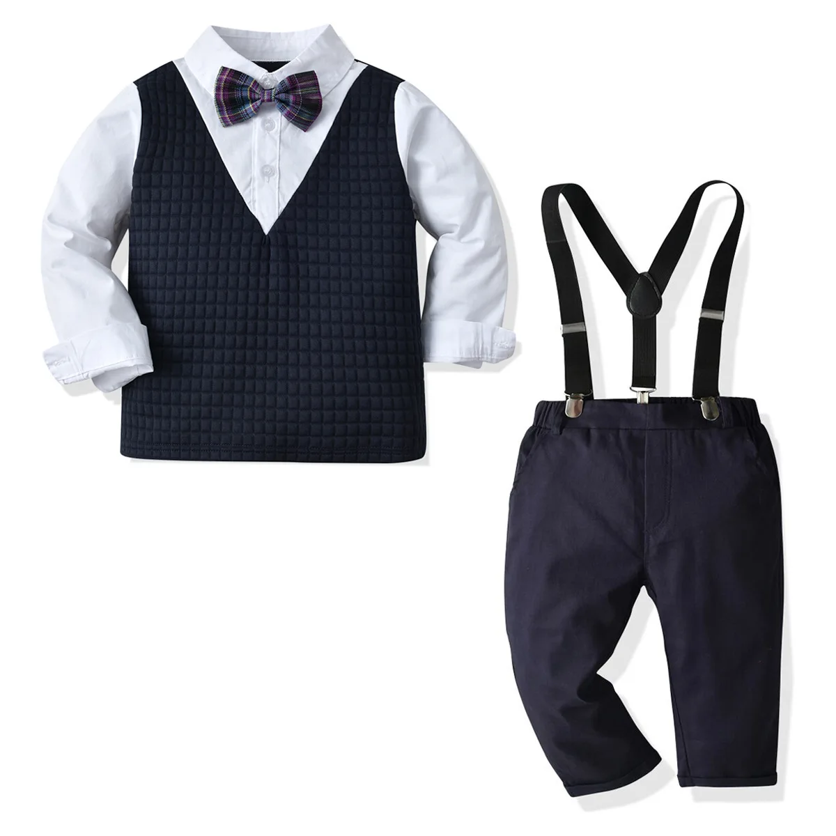

Baby Boy Gentleman Suit Fake Two Piece Bow Tie Long Sleeve Shirt Suspenders Pants Little Boy Handsome Formal Dress Party Outfits