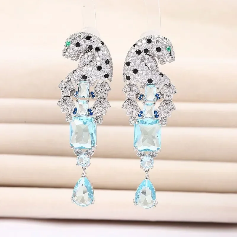 Full CZ Zircon Leopard Waterdrop Earrings Green Eyes Square Crystal 925 Needle Panther Animal for Women Party Gift