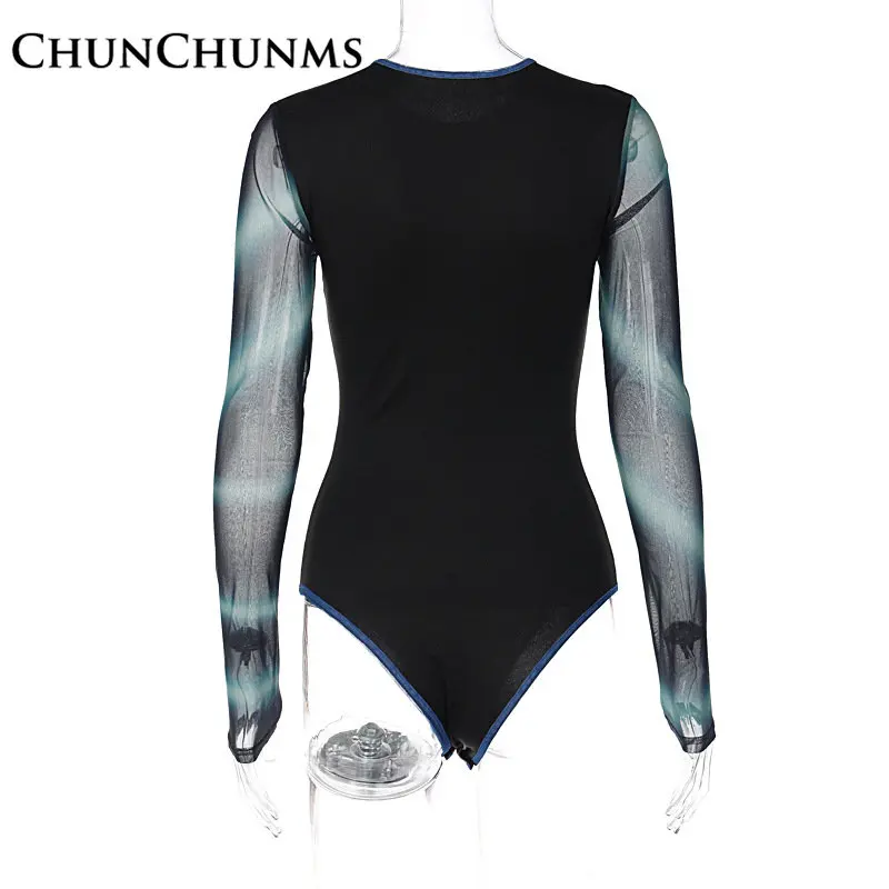 Sexy Printed Mesh Patchwork Short Jumpsuit Women Long Sleeve Design See Through Rompers Winter Bodysuit Club Night Outfits 2022