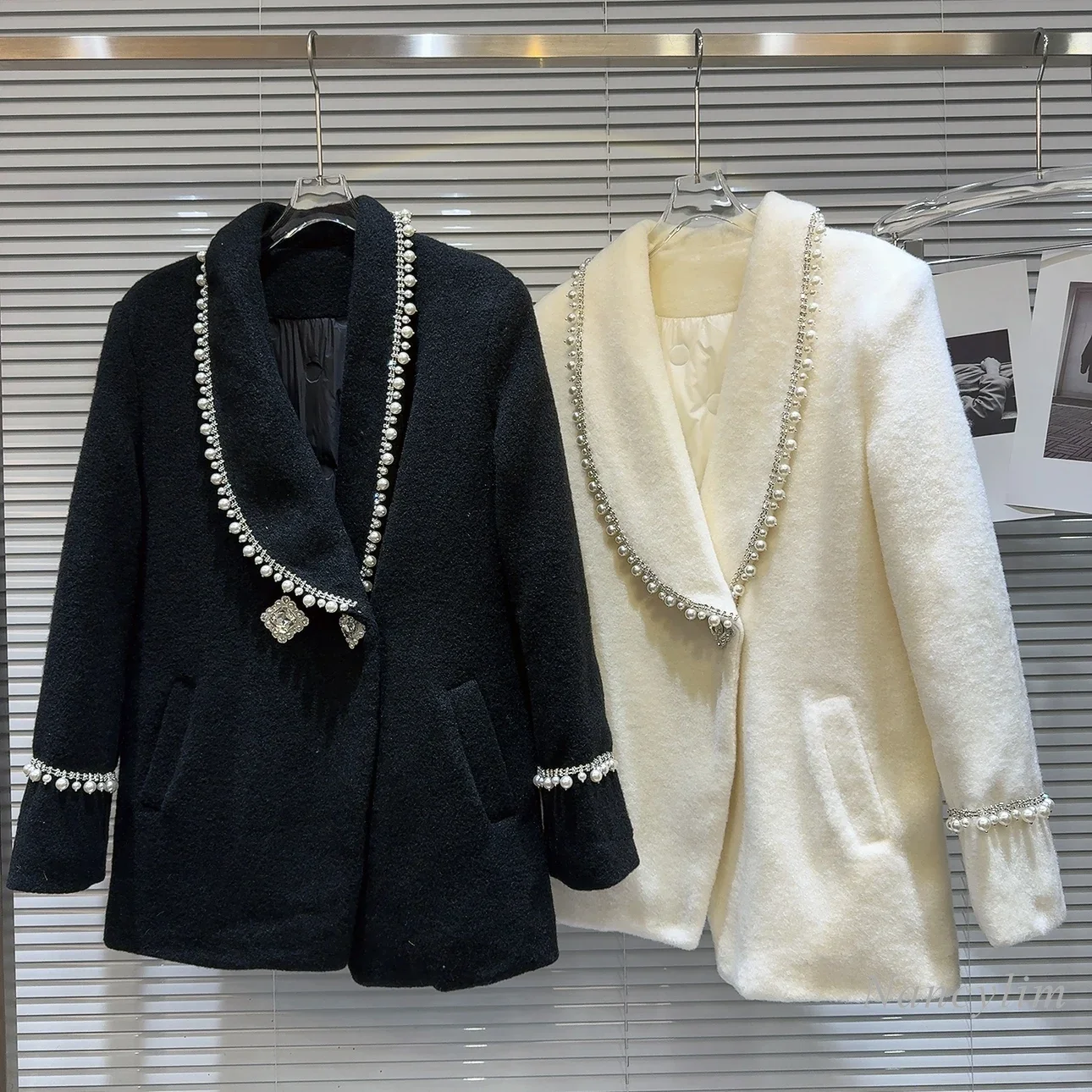

Женский шерстяной деловой костюм, новый деловой костюм с подкладкой из жемчуга и бисера, роскошная куртка с подкладкой на плечах, зима 2023