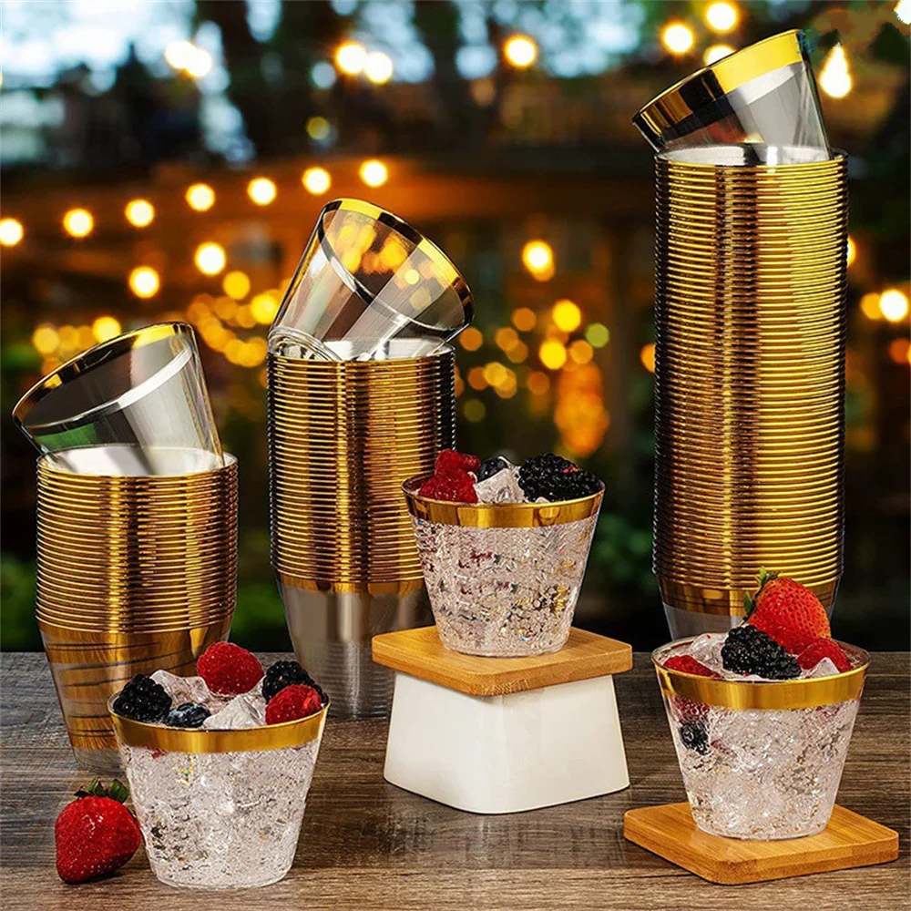 

25Pcs Gold Plastic Cups 9 Oz 270ml Clear Cups With Gold Rim Cocktail Glasses Drinking Cups Wedding Party Disposable Cups