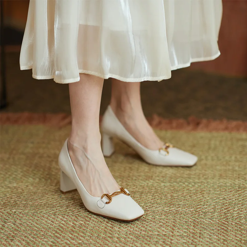 

Apanzu Mary Jane Shoes Women's Slip On French High Heels Women 2022 Spring And Summer New Square Toe Metal Fashion Thick Pump