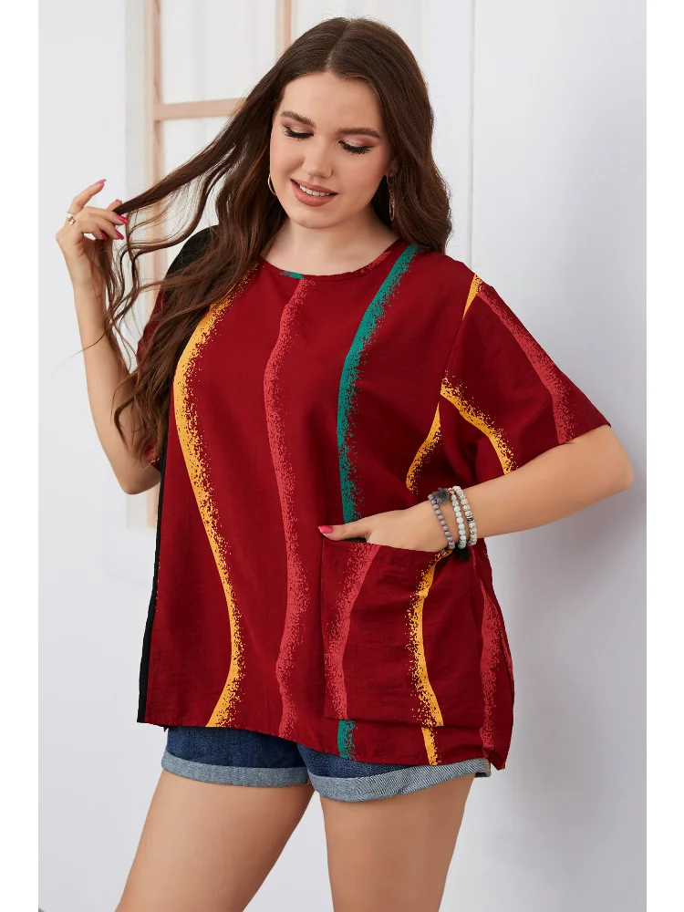 Summer Stripe Contrast Plus Size Women's Shirt Round Neck Women's Dress women tops and bloues  t-shirts