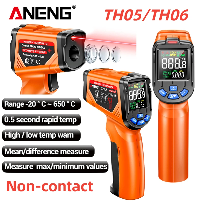 ANENG TH05 TH06 Infrared Laser Thermometer -20℃~750℃ -4℉~1382℉ Temperature Testing Gun 0.1~1.00 Industrial Temperature Detector