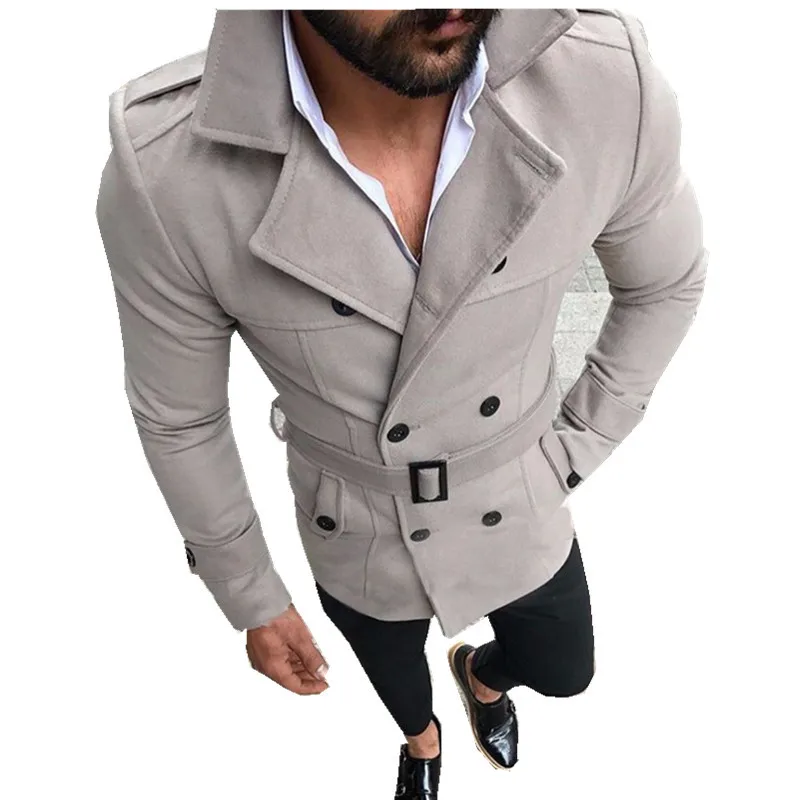 

Euro Size Man lapel double breasted casual trench coat with belt 2023 autumn new men cotton blend overcoat jacket khaki wine red