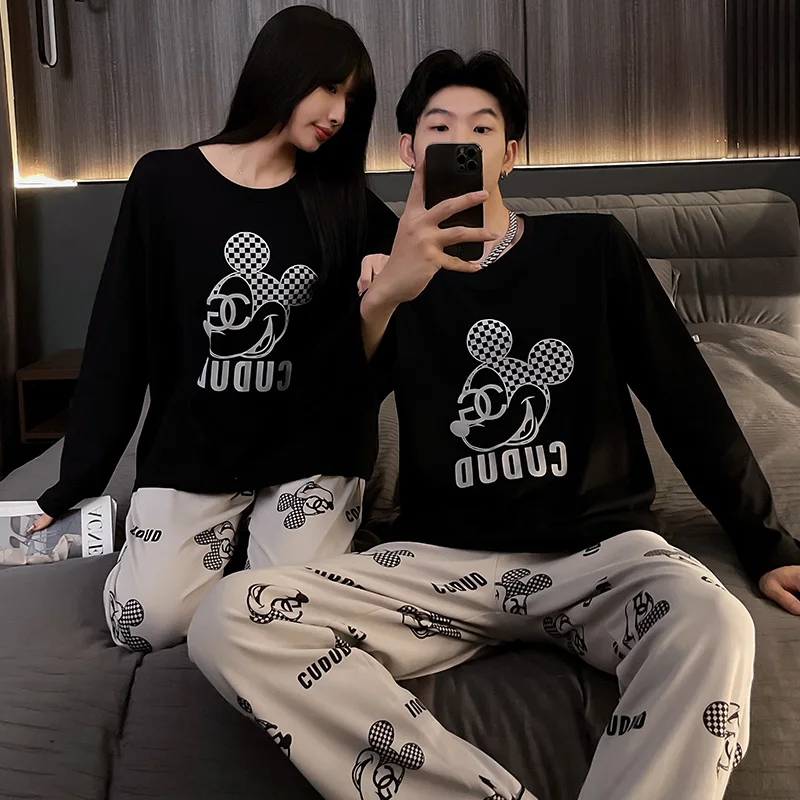 Disney Korean Style Mickey Mouse Pajamas Set for Women Men Couple Two Piecs Suit Casual Loose Pyjama Sleepwear Loungewear Pjs