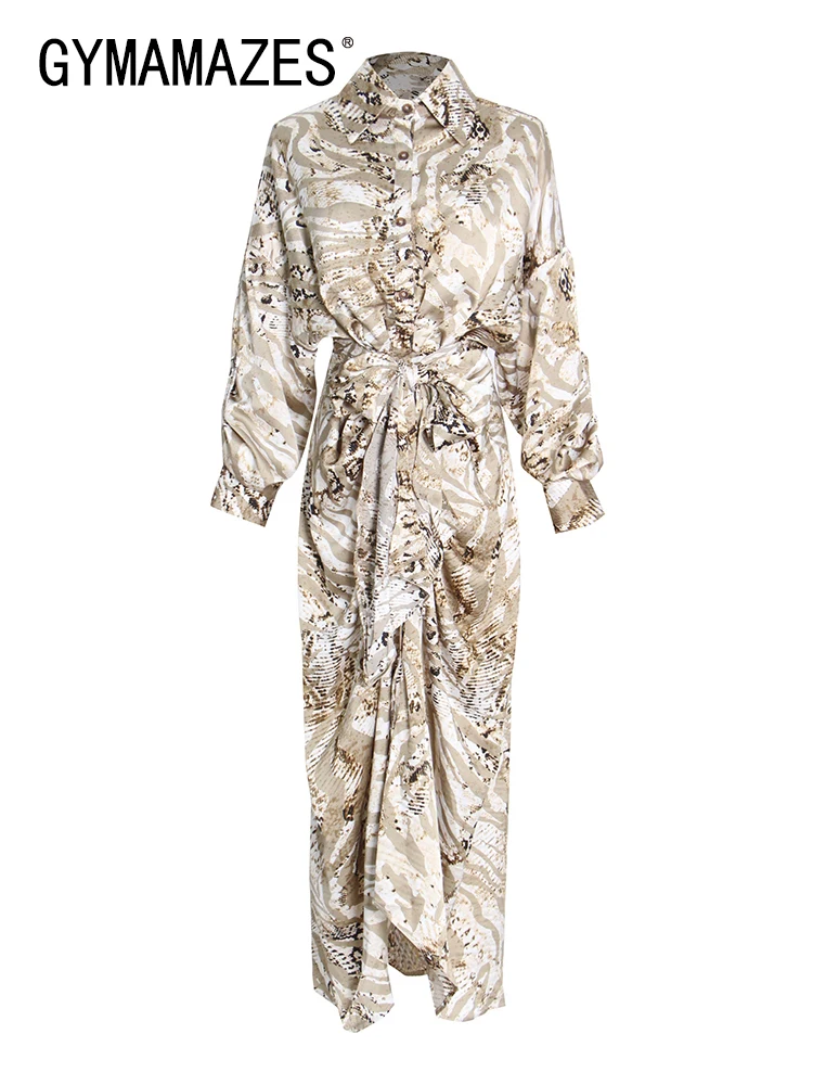 

GYMAMAZES Vintage Spring Dress For Women Lapel Long Sleeve High Waist Print Colorblock Midi Dresses Female Spring Clothing New