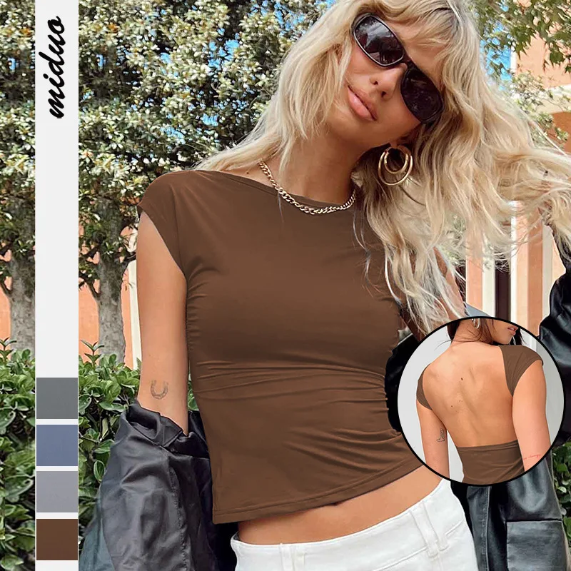 

Женская футболка с открытой спиной, нейлоновый влагоотводящий облегающий топ с короткими рукавами спереди и сзади