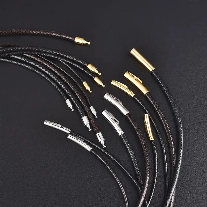 

New 2mm Black Leather Cord Wax Rope Chain Necklace Stainless Steel Tube Clasp DIY Unisex Necklaces Chain Jewelry Accessories