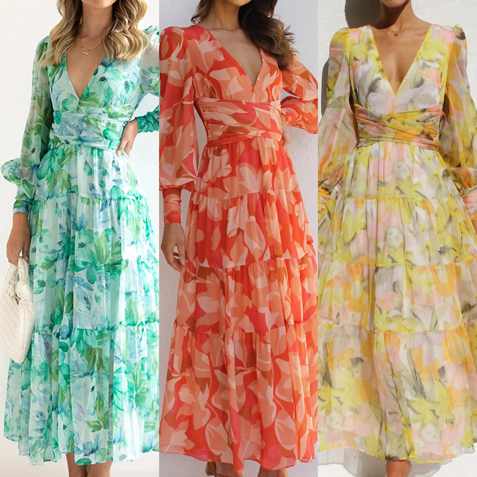 

Женское винтажное платье-макси с цветочным принтом и V-образным вырезом