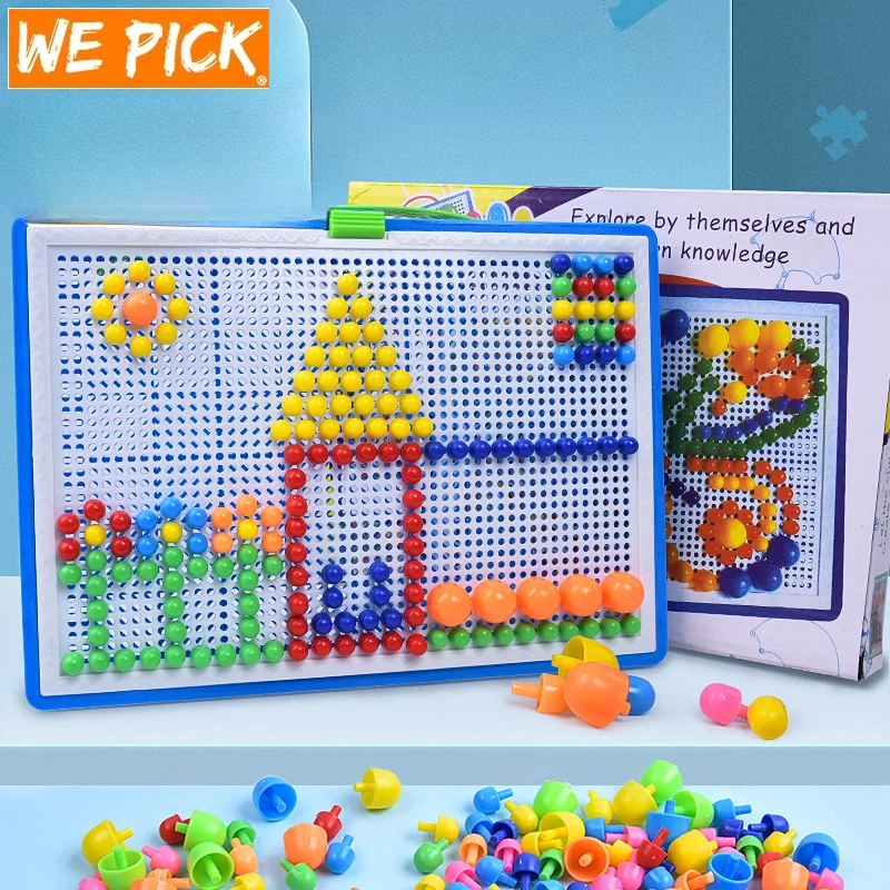 

296 Pieces/Set Box-packed Grain Mushroom Nail Beads Intelligent 3D Puzzle Games Jigsaw Board for Children Kids Educational Toys