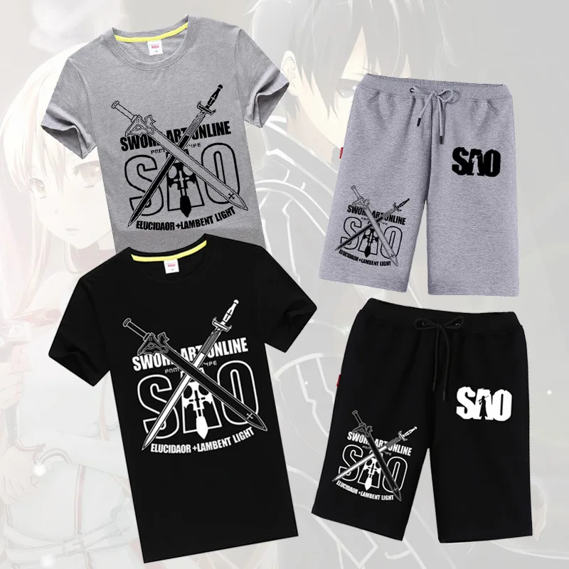 

Summer Animation Cosplay Costume Anime Sword Art Online Cos Short Sleeve Luminous Pure Cotton Teenager T-shirt And Shorts Set
