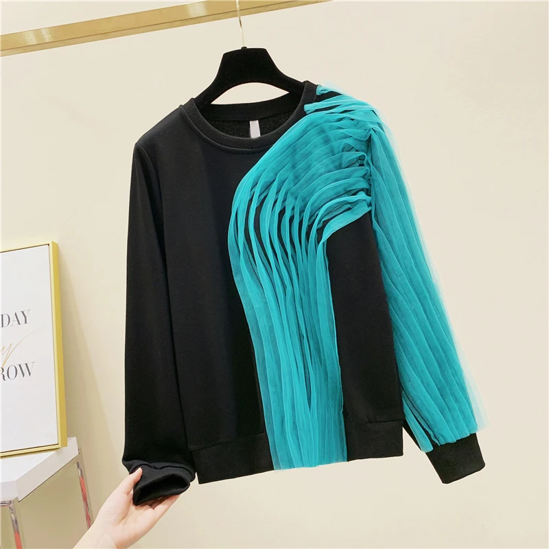 

Весенне-осенний Новый свитер с сеткой контрастный пуловер с круглым вырезом свободный корейский женский свитер Топ