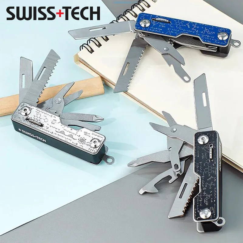 

SWISS TECH Portbale Multitool 9 In 1 Unpack Knife Folding Scissors Bottle Opener Saw Outdoor Multi-function EDC Survival Tool