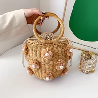 women handmade straw portable bag ladies pearl flower braids bucket top handle bags casual beach holiday travel woven handbags