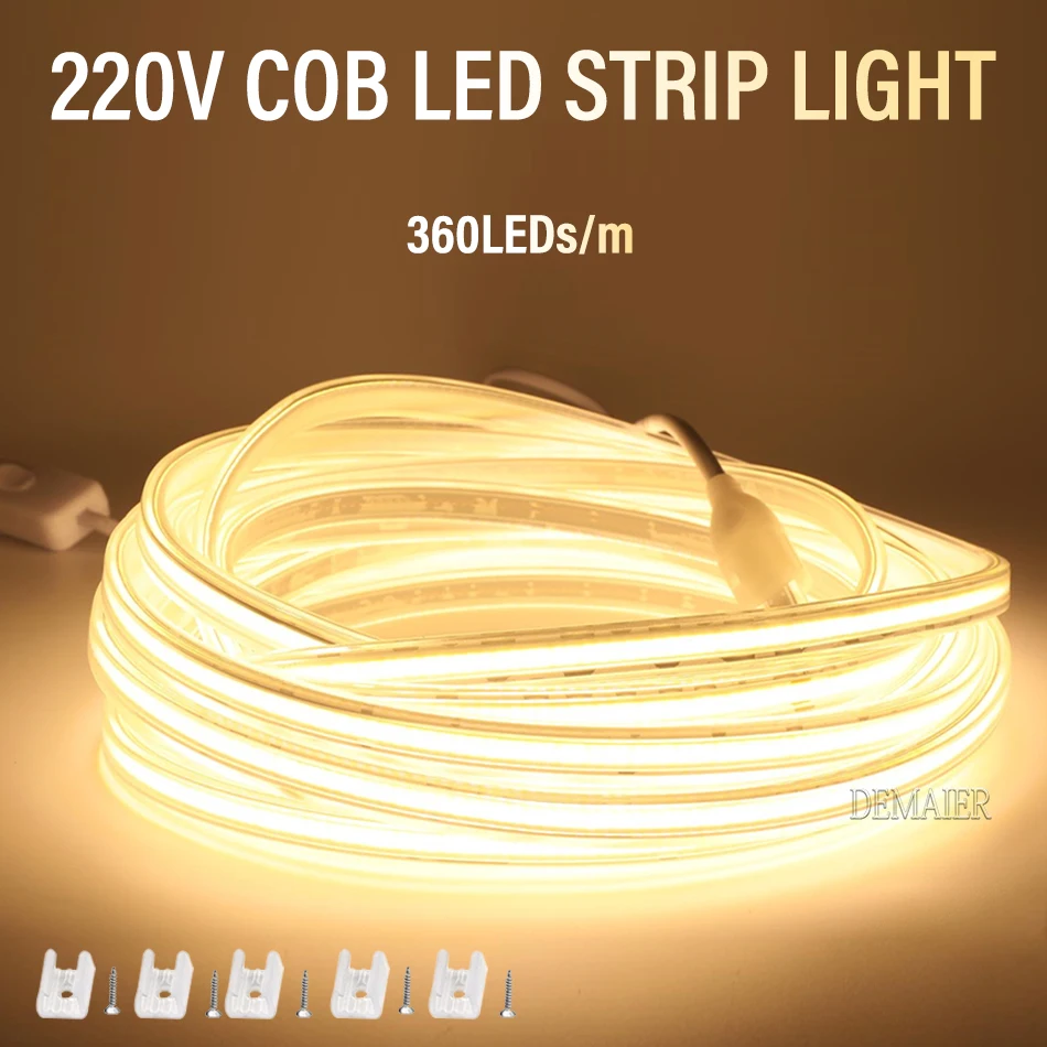 Фото Светодиодная лента COB, 360 светодиодов/м, 220 В, штепсельная вилка европейского стандарта, RA 90, высокая яркость, 3000K, 4000K, 6000K, гибкая светодиодная ... №3