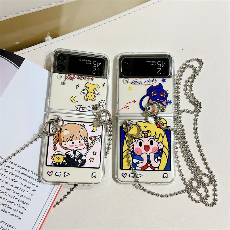 

Anime Sailor Moon Long Chains Transparent Phone Case for Samsung Galaxy Z Flip 3 5G Hard PC Back Cover for ZFlip3 Cases Shell
