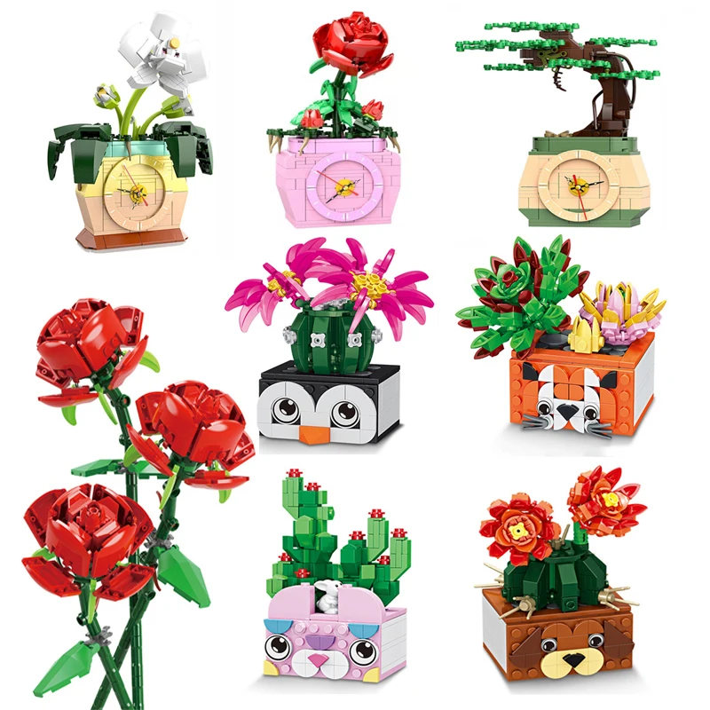 Bouquet Building Block DIY Rose Flower Orchid Cactus Plant Bonsai Model Ornaments Children's Puzzle Assembly Bricks Girl Gift