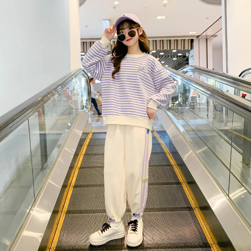 

2023 New Girl Striped Hoodies + Pants 2pc Childen Sports Suit Baby Girl Outfit Set Spring Autumn Big Girl Clothes