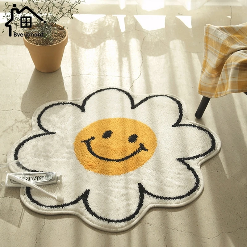

Flower Rug for Living Room Nordic Smiley Flower Carpet Bedroom Bedside Area Rugs Plush Floor Mat Home Decor Non-slip Bath Mat