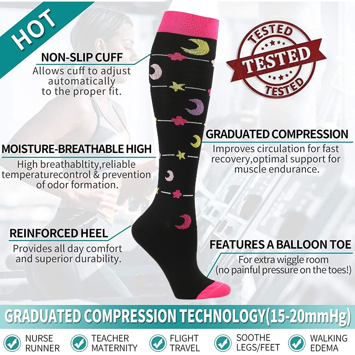 Compression Socks Men Women Breathable Athletic Nursing Socks Fit for Outdoor Hiking Running Cycling Running Knee High Men Socks