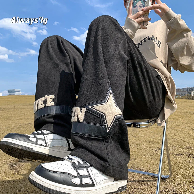 

American Suede Men Pants Wide Leg Y2K Harajuku Letter Male Fashion Hip Hop Streetwear Trousers Casual Pants