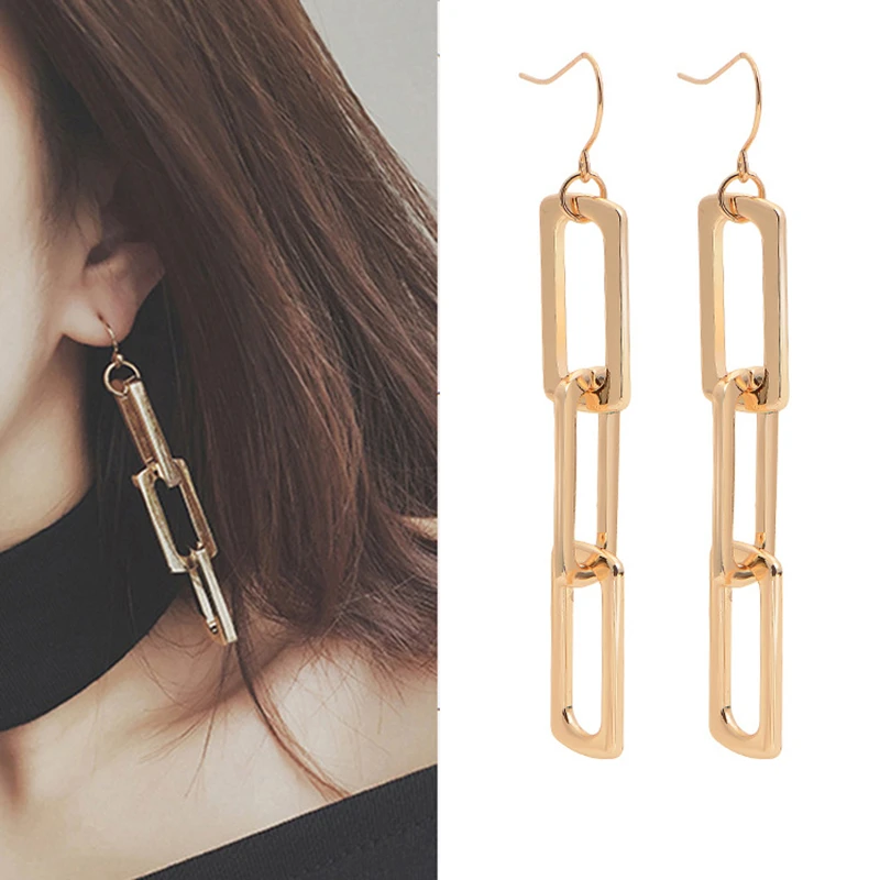 

OTOKY korean square chain Tassel Earring Women Men Simple Pendants Stud Earring/Clip Plated Copper Simple Geometric Ear Jewelry