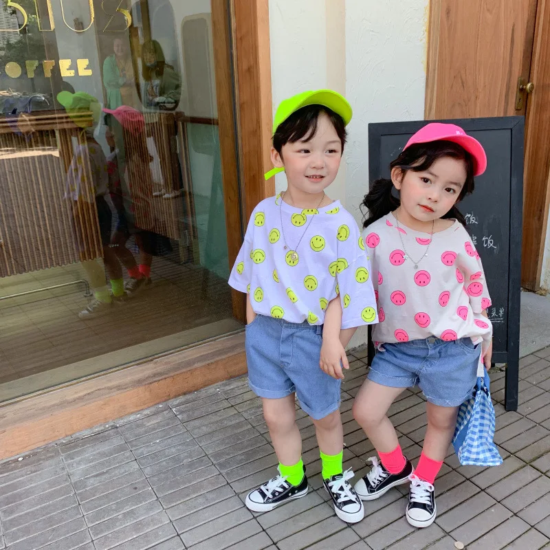 

Summer Children cartoon smile short sleeve Tops Boys and girls loose casua; cotton T shirts
