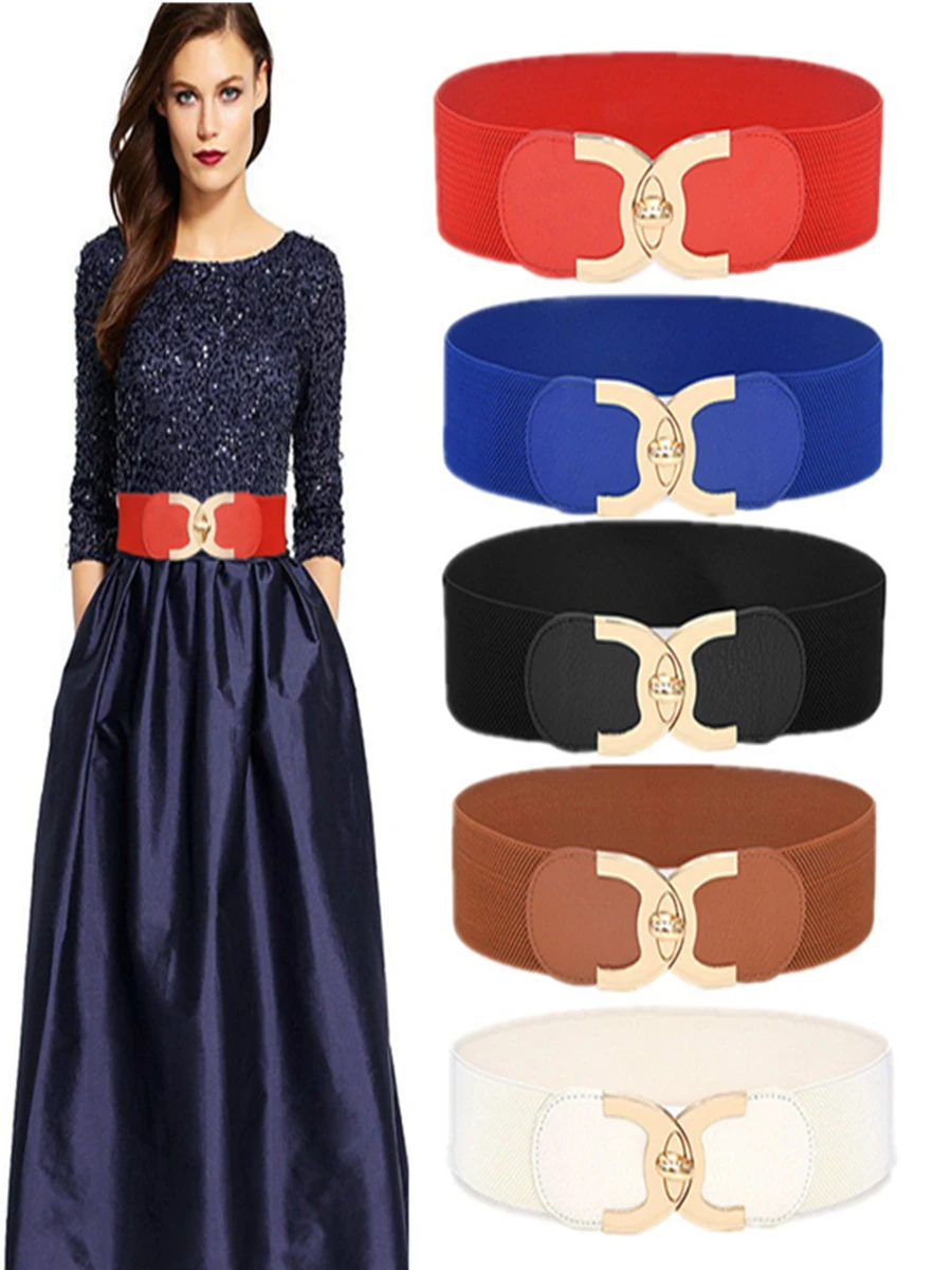 New Korean Style Windbreaker Elastic Waistband Button Decoration Wide Belt Ladies Belt Alloy Buckle Belt Dress Women Accessory