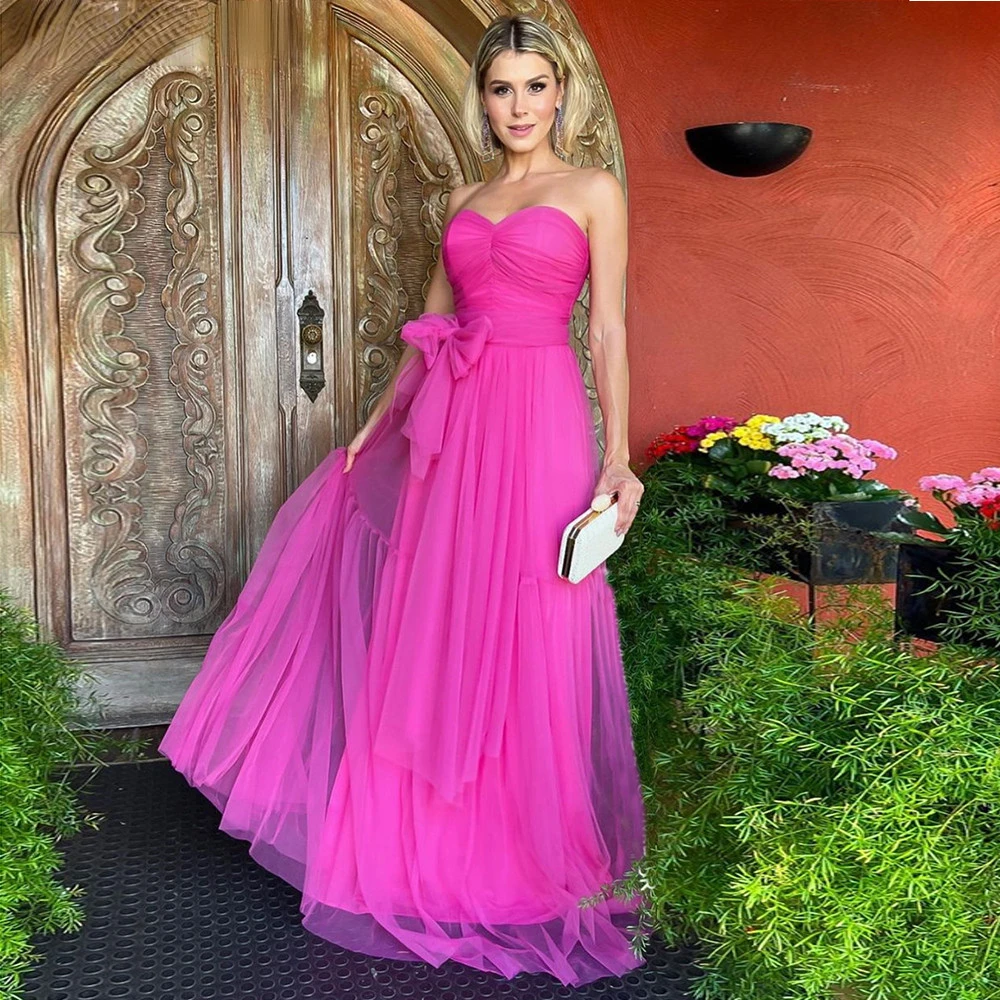 Fuchsia Tiered Tulle Long Prom Dresses Pleats Bow Evening Party Gowns Formal Dress Princess Wedding Gown