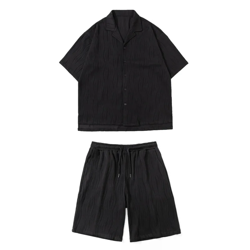 Summer Pleated Sets Men Fashion Casual Short-sleeved Shirt Shorts Two-piece Men Korean Loose Ice Silk Sets Mens Short Sets M-5XL