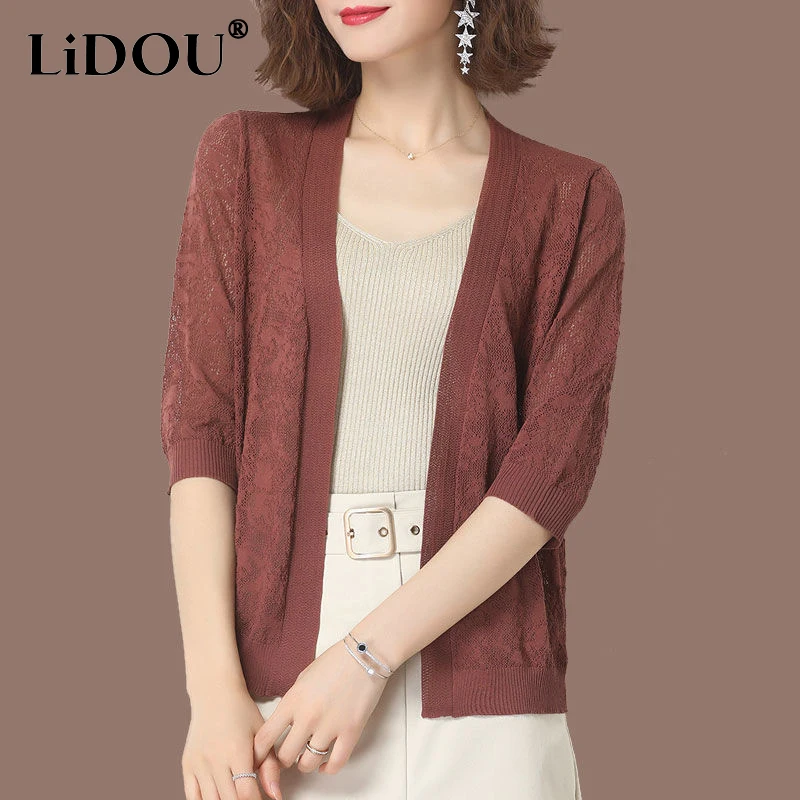 

Summer New V-neck Half Sleeve Thin Style Ice Silk Fabric Knitting Cardigan Women Fashion High Street Hollow Out All-match Tops