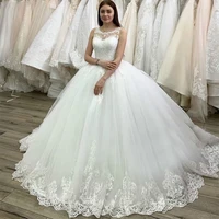 new white tulle wedding dresses o neck lace applique sleeveless plus size illusion trail elegant wedding party bridal ball gow