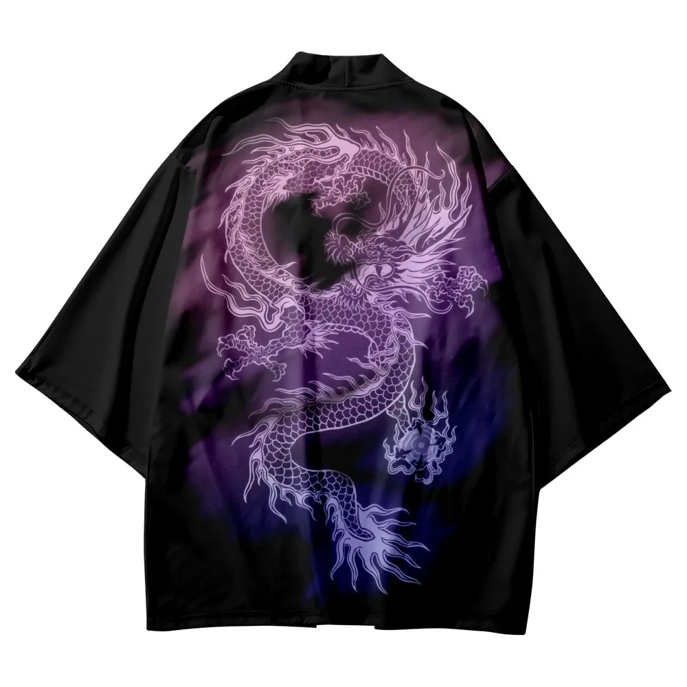 

Japanese Men Black Dragon Print Kimono And Shorts Summer Streetwear Cardigan Traditional Clothing