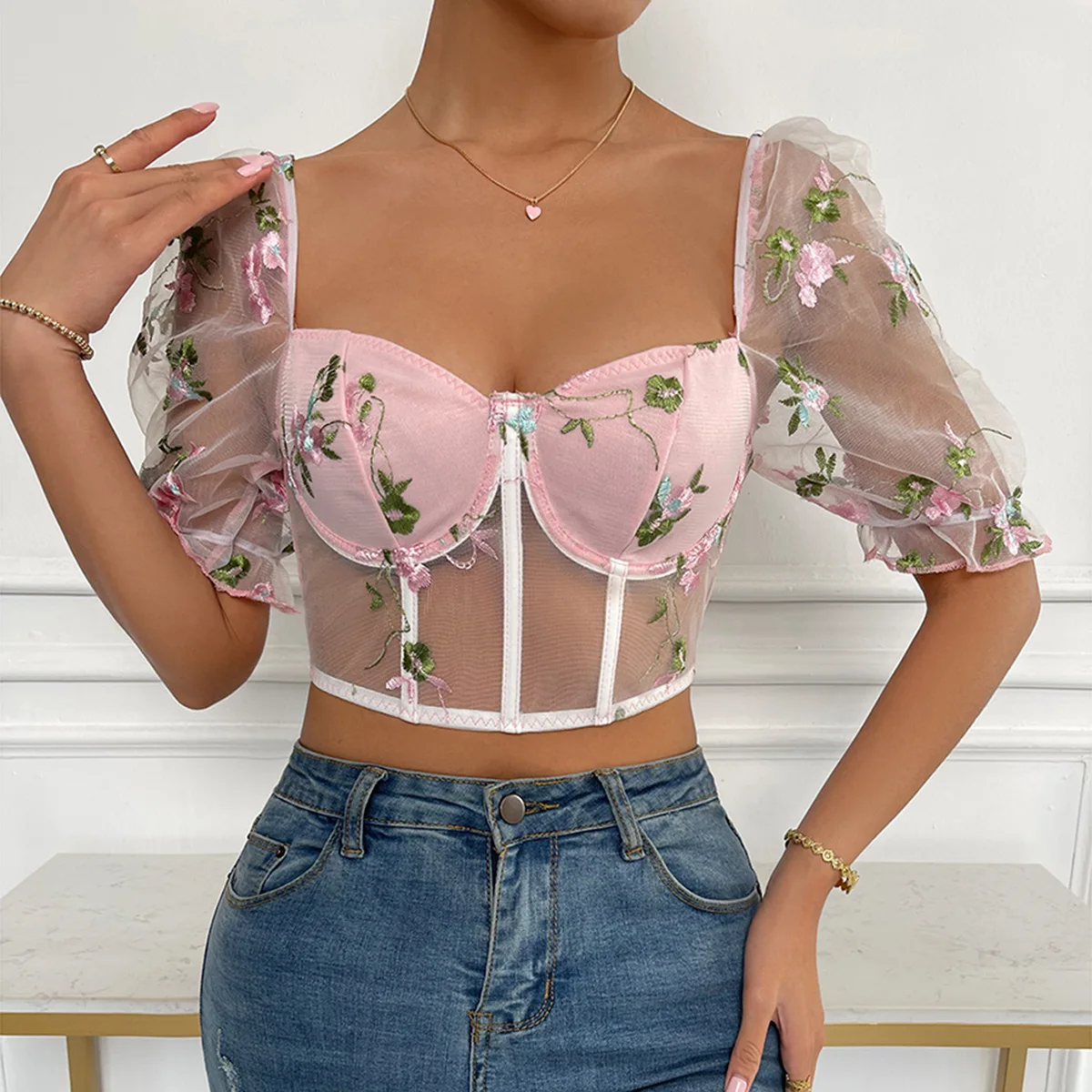 

2022 Sexy Perspective Stitching Embroidered Backless Suspender Lace Up Vest Sexy 2022 Women'S V-Neck Sexy Suspender Choice
