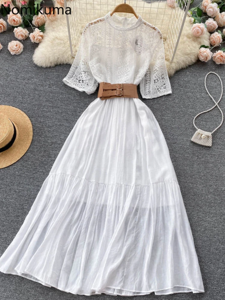 

Nomikuma Dresses for Women 2022 Summer Lace Patchwork Hollow Out Sashes Slim Waist Tunic Chic Vestidos Vintage Sexy Robe Femme