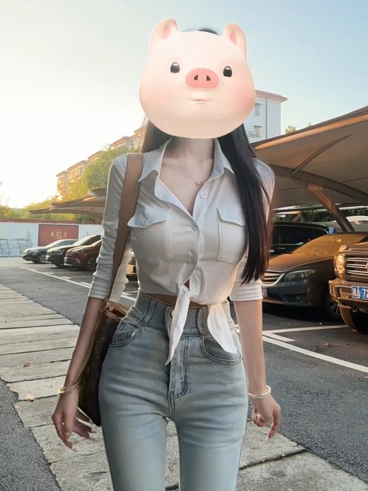 Sexy Pure Desire Lapel High Sense Long sleeve Shirts Women Autumn and Winter New Slim fit Slimming Gyaru Inner wear Base Top