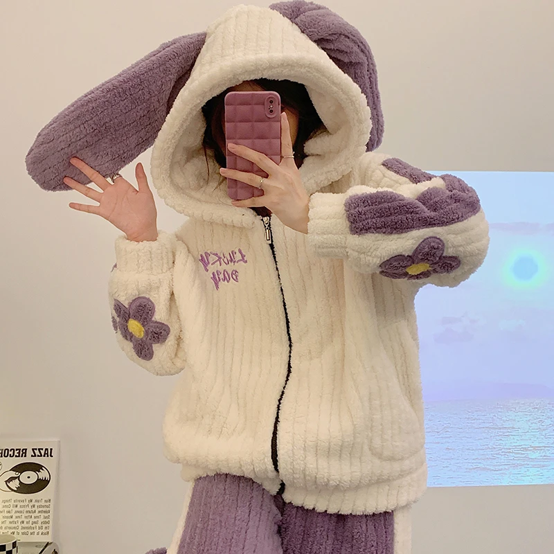 

Kawaii Rabbit ears Women Pajamas Set Winter Thicken Two piece set Pyjama Pour Femme Hooded Coral velvet zipper Loungewear pijama