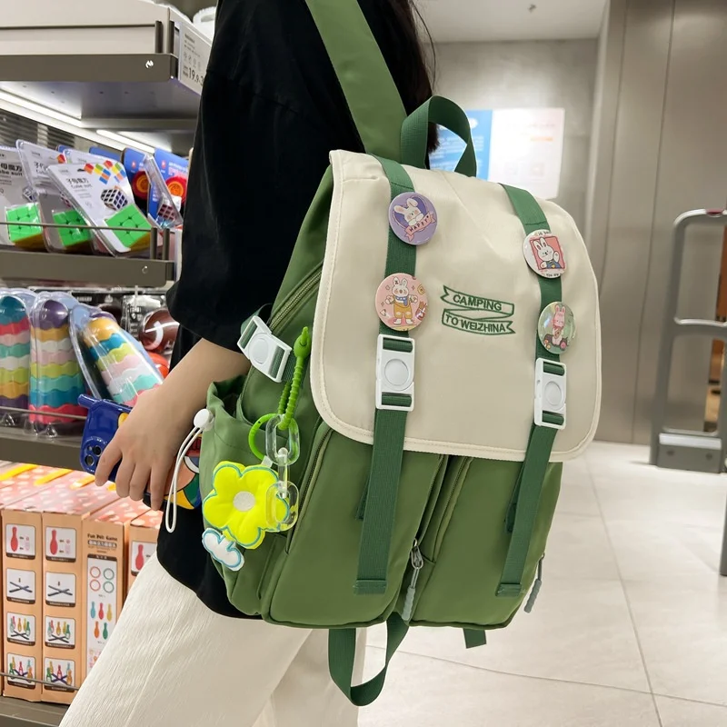 TRAVEASY 2022 Nylon Preppy Green Woman Bag Trendy Waterproof Backpack Large Capacity Campus High School Student Female Schoolbag