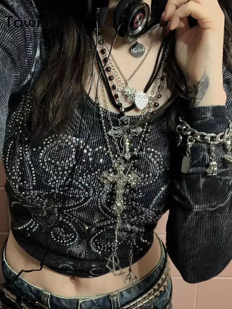 

Graphic Rhinestone Print Women T Shirt 2022 Spring Grunge Aesthetic Fairycore Crop Tops O Neck Long Sleeve Tee Top