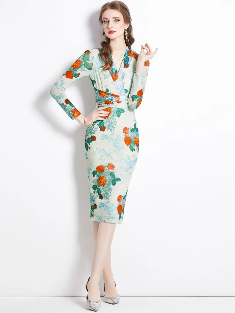 

Elegant Lady Print Floral Autumn Dresses for Women Long Sleeve 2023 Designer Party Cocktail Vestido Fiesta Sheath Bodycon Robe