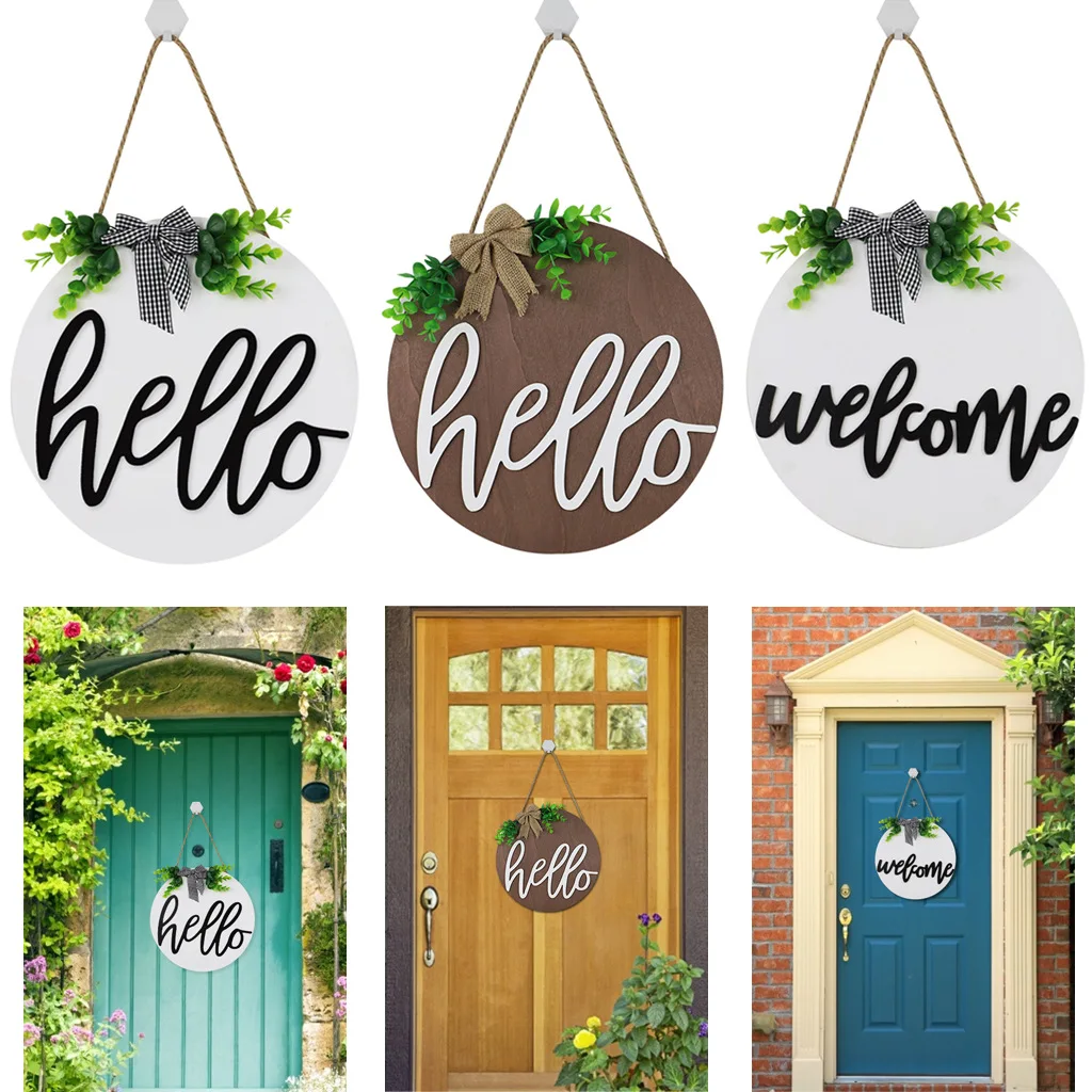 

Country style welcome front door wall decoration wood circle welcome sign wooden house plate