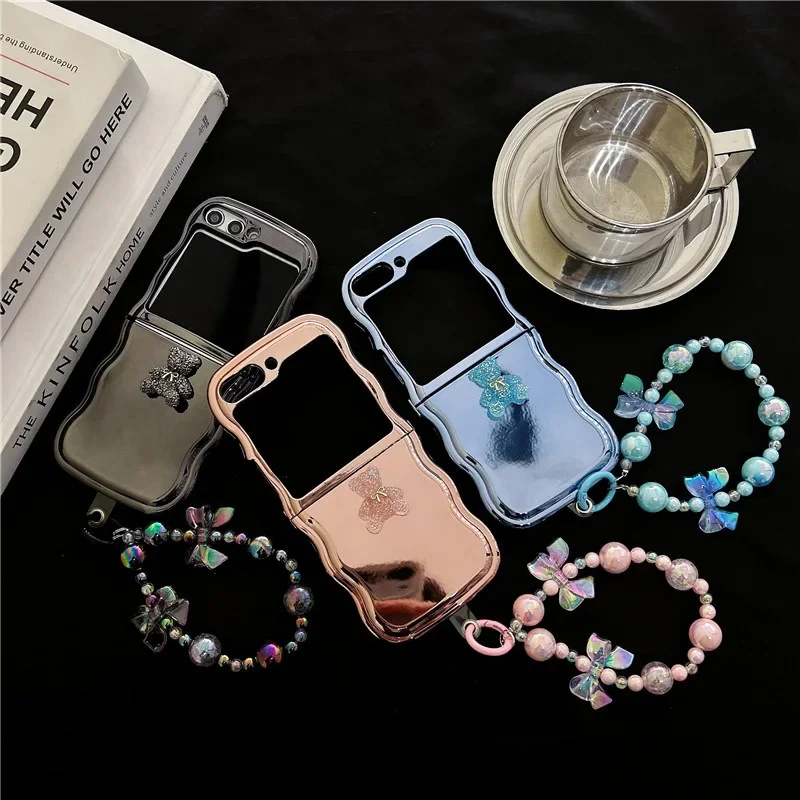 Блестящий чехол с медведем и гальваническим покрытием для телефона Samsung Galaxy Z Flip 6