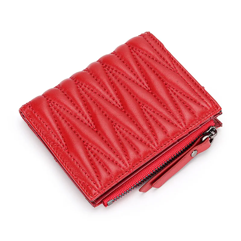 URBAN MASTER Sheepskin Pleated Wallet for Women Fashion Embroidered Genuine Leather Short Female Zipper Coin Purses Card Holder