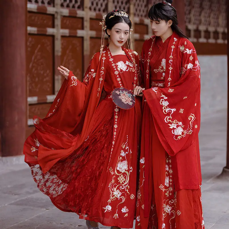 

Couple Men's and Women's Red Suit Han Suit Golden Jade Peony Heavy Industry Embroidery 6m Waist Ru Skirt Chinese Wind Fairy