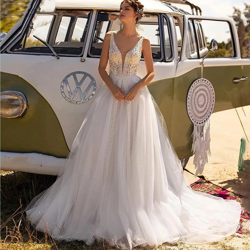 

Sexy V-neck Wedding Dress Lace Appliques Boho A-Line Bride Gown Spaghetti Sraps Sleeveless Backless Vestido De Novia Custom Made