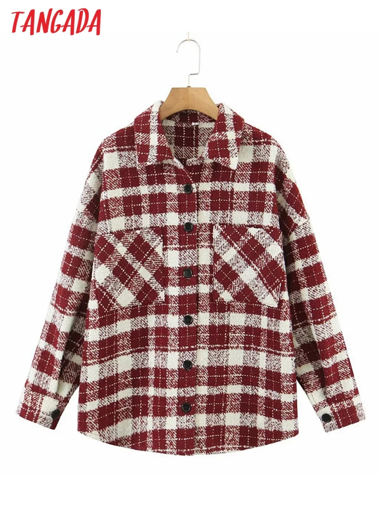 

Женское шерстяное пальто в клетку, с длинным рукавом и карманами