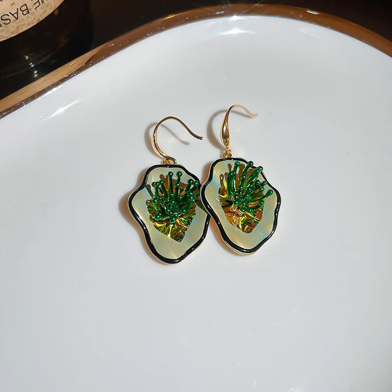 

Minar Fashion Green Color Enamel Flower Earring for Women Irregular Floral Petal Drop Dangle Earrings Statement Party Jewelry