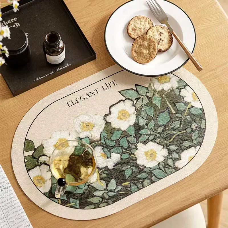 Овальные кожаные подставки для стола с розовым цветком водонепроницаемые