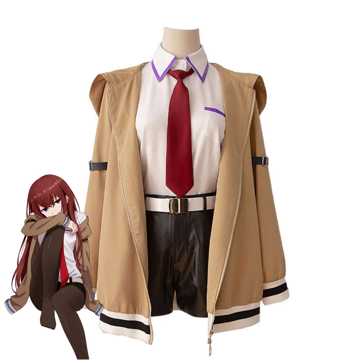 Фото Игра Steins Gate Makise Kurisu Christina Косплей Костюм Пальто с капюшоном Рубашка Шорты Спортивный костюм Парик Женский карнавальный костюм на Хэллоуин №2